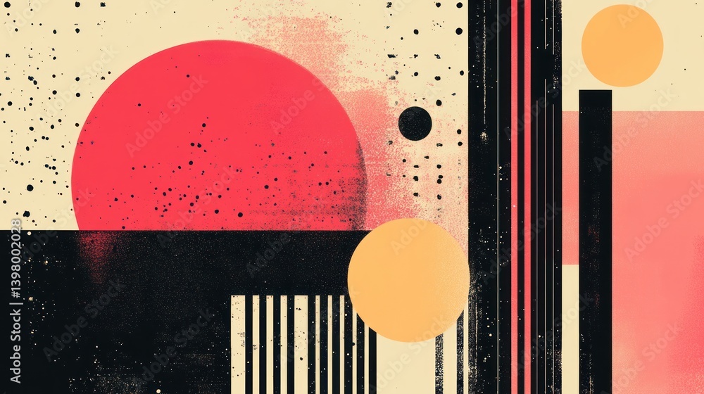 Poster abstract composition with retro aesthetics blending geometric shapes grainy textures and a palette o