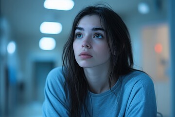 Portrait of a young woman with dark hair looking up in a blue toned hospital hallway environment light