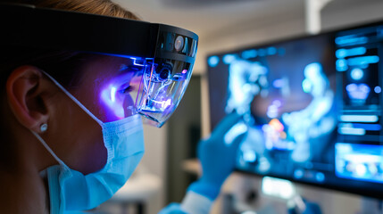 Dentist analyzing a complex, futuristic digital interface displaying a detailed 3D scan