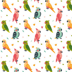 Children's seamless pattern with budgies of green, pink, blue and yellow colors, with feathers on the head of a pink, blue and green parrots