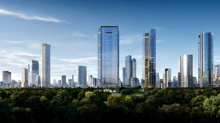 Fototapeta premium Modern City Skyline With Skyscrapers And Trees
