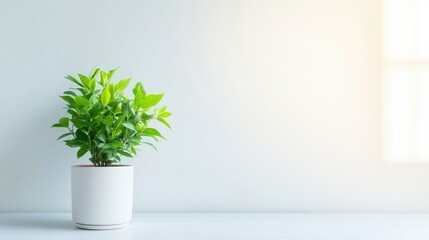Small potted plant on a light surface near a window