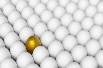 Individiuality and difference concept.Standing golden egg in between common eggs.