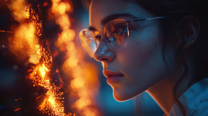 Quantum scientist observes teleportation event with dynamic holograms and vibrant particles in a futuristic laboratory setting