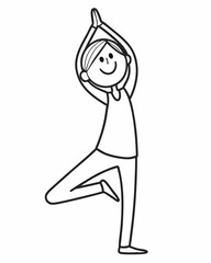 Minimalist Stick Figure in Tree Yoga Pose – Playful Line Drawing Wellness Icon.