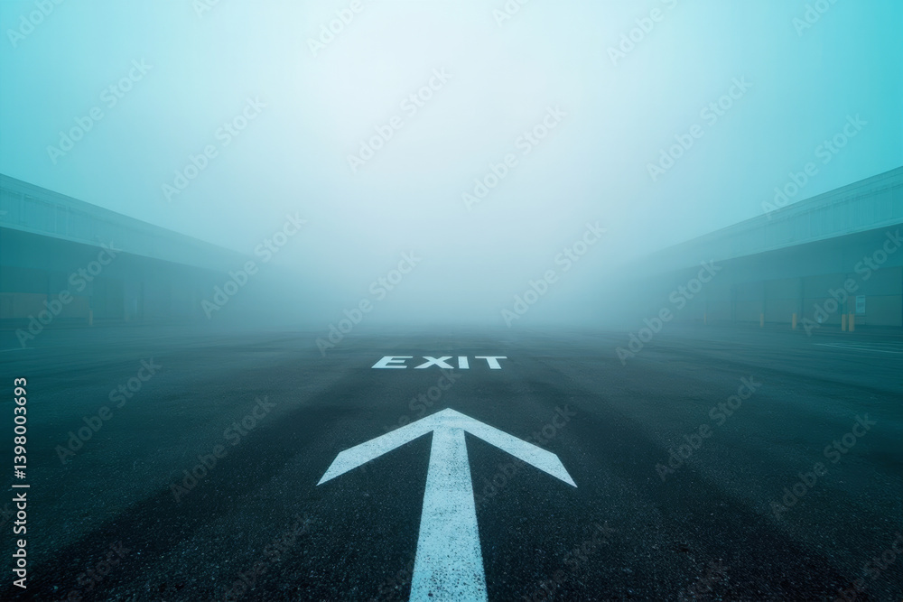 Poster Empty road with white exit sign and arrow pointing forward surrounded by industrial buildings in dense fog under soft teal morning light background.