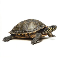 Obraz premium Turtle walking on white background, pet reptile