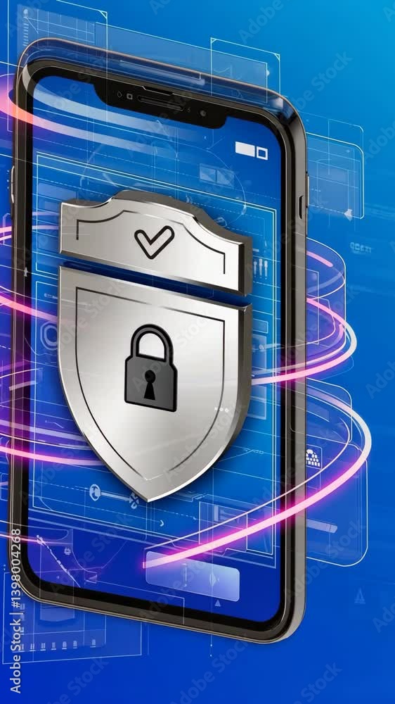 Poster secured phone with a shield and padlock over blueprint background, representing mobile security and 