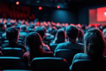 Audience watching a presentation in a dark hall with red and blue lighting from the back view point