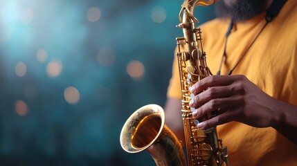 The image focuses on a saxophonist's hand gripping the saxophone, with a bokeh background that enhances the artistic feel, emphasizing musical creativity and expressive performance.