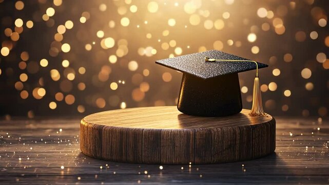 graduation cap on wooden stage with sparkling bokeh background with copy space, graduation celebration, footage, 4k footage, videos, video clip, slow motion, video wallpaper, animation, 4k