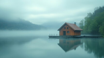 Misty lake house reflection.