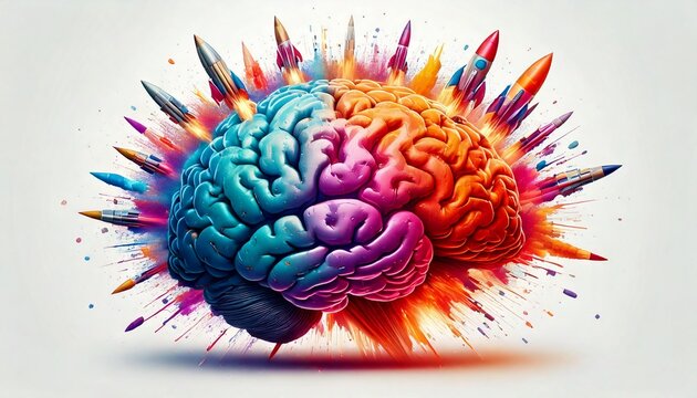 v&aacute;rios foguetes partindo de um c&eacute;rebro com cores vivas, conceito criatividade, brainstorm