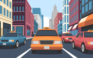 City taxis vector illustration. Colorful street with taxi cabs and urban architecture.