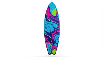 Colorful Surfboard with Abstract Fluid Art Standing on White Background