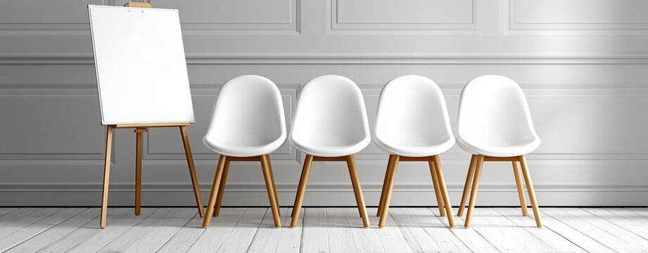 Modern chairs and blank easel create perfect setting for company meeting where mentor can offer valuable advice