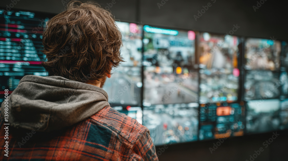 Poster advanced ai system scans screens for real time detection of fake news in futuristic control room