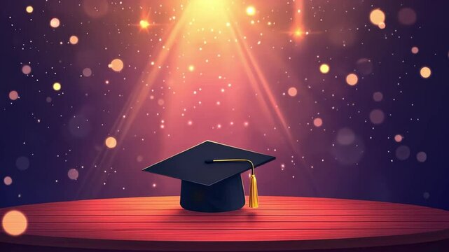 graduation cap on wooden stage with sparkling bokeh background with copy space, graduation celebration, footage, 4k footage, videos, video clip, slow motion, video wallpaper, animation, 4k