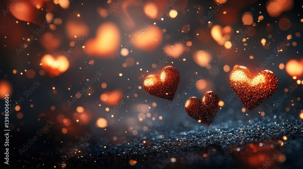 Poster radiant hearts shimmer amidst a cascade of golden bokeh lights creating a warm inviting atmosphere p