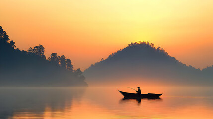 Sunrise Over Misty Mountain Lake With Fishing Boat
