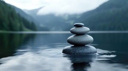Peaceful stones balanced on water, serene mountain lake