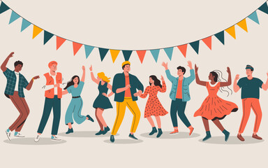 Diverse People Dancing at Party with Pennant Banner, Celebration Vector Illustration