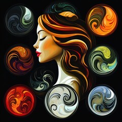 Woman with yin-yang circles on black background.