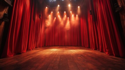 Spotlights illuminating an empty stage with red curtains, creating a dramatic atmosphere of anticipation