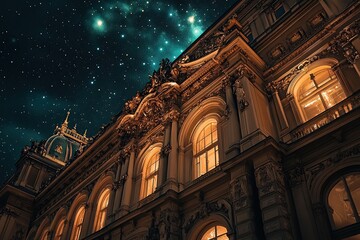 Photograph of the Vienna State Opera House, with a night sky filled with stars in the background.