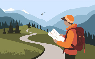 Hiker reads trail map in mountain landscape. Adventure travel and exploration concept.
