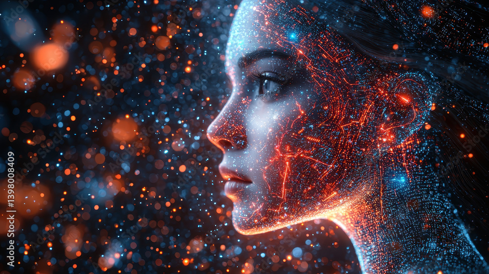 Poster digital deity ai 2.0 manifests through cosmic intelligence and swirling data in a vibrant abstract l