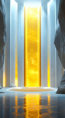 A futuristic corridor with a glowing yellow light at the end