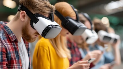 Group of Young People Experiencing Virtual Reality with Headsets in a Modern Indoor Setting