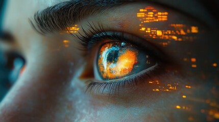 Detailed portrait of an AI robot with a rainbow-hued eye, surrounded by crypto charts on glass panels