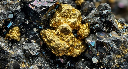 Closeup of Shiny Gold Nuggets Among Dark Minerals