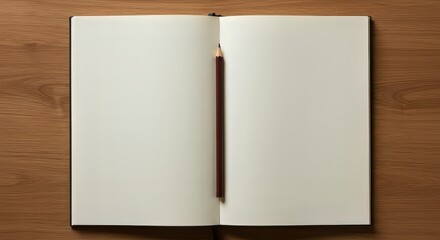 Empty notebook with a pencil resting on the open page on a wooden table

