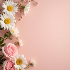 Fresh flowers pink roses daisies delicate blooms floral arrangement soft background nature beauty spring vibes