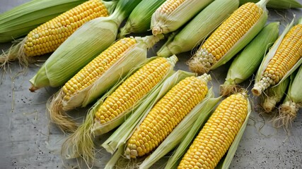 Freshly Harvested Yellow Corn on the Cob, Some Still in Green Husks, Placed on a Textured Neutral Surface for Culinary Applications