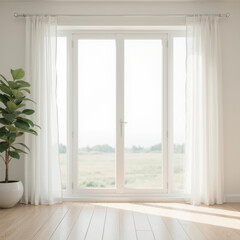 Bright window with sheer curtains, showcasing serene view of nature outside. light filled space creates calm and inviting atmosphere