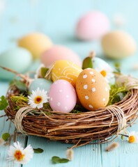 Obraz premium Colorful eggs nestled in flowers on a blue table, celebrating Easter's joy and renewal.