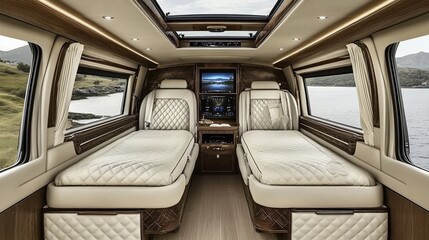 Obraz premium Luxurious van interior with double bed. Spacious, comfortable, and refined