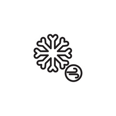 A simple line drawing shows a detailed snowflake. A circle with curved lines inside, indicating wind, is positioned near the snowflake. Represents windy and snowy weather.