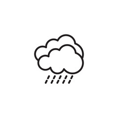 A simple line drawing features two fluffy clouds stacked vertically, with several short, slanted lines falling beneath them. Represents rainy weather conditions.