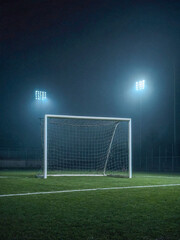 Fototapeta premium Empty soccer field at night with fog and lighting.