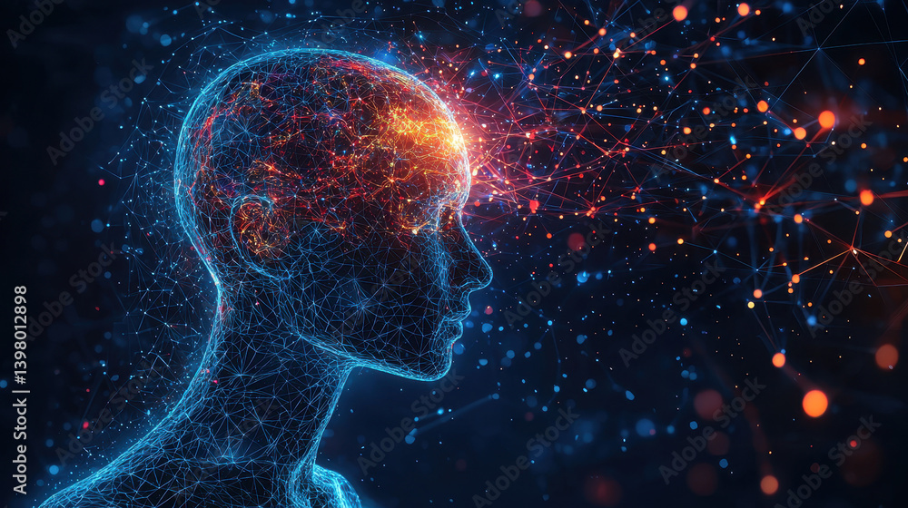 Poster digital twin concept illustrates connection between human and artificial intelligence through light 