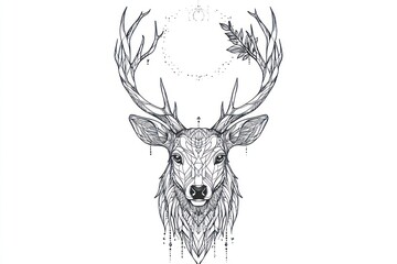 Ornate deer head mandala, celestial background, tattoo design