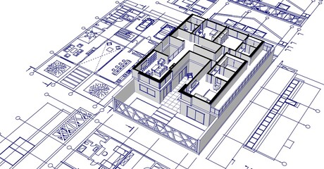 Fototapeta premium house sketch project facades plans sections 3d illustration