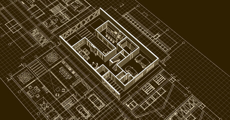 house sketch project facades plans sections 3d illustration