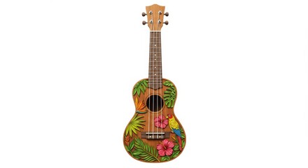 Obraz premium Decorated Ukulele with Tropical Leaves and Flowers for Music Promotion