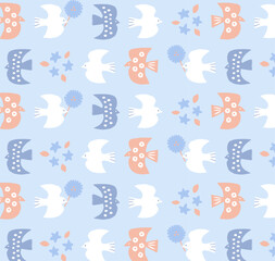 Scandinavian bird and flower design pattern blue